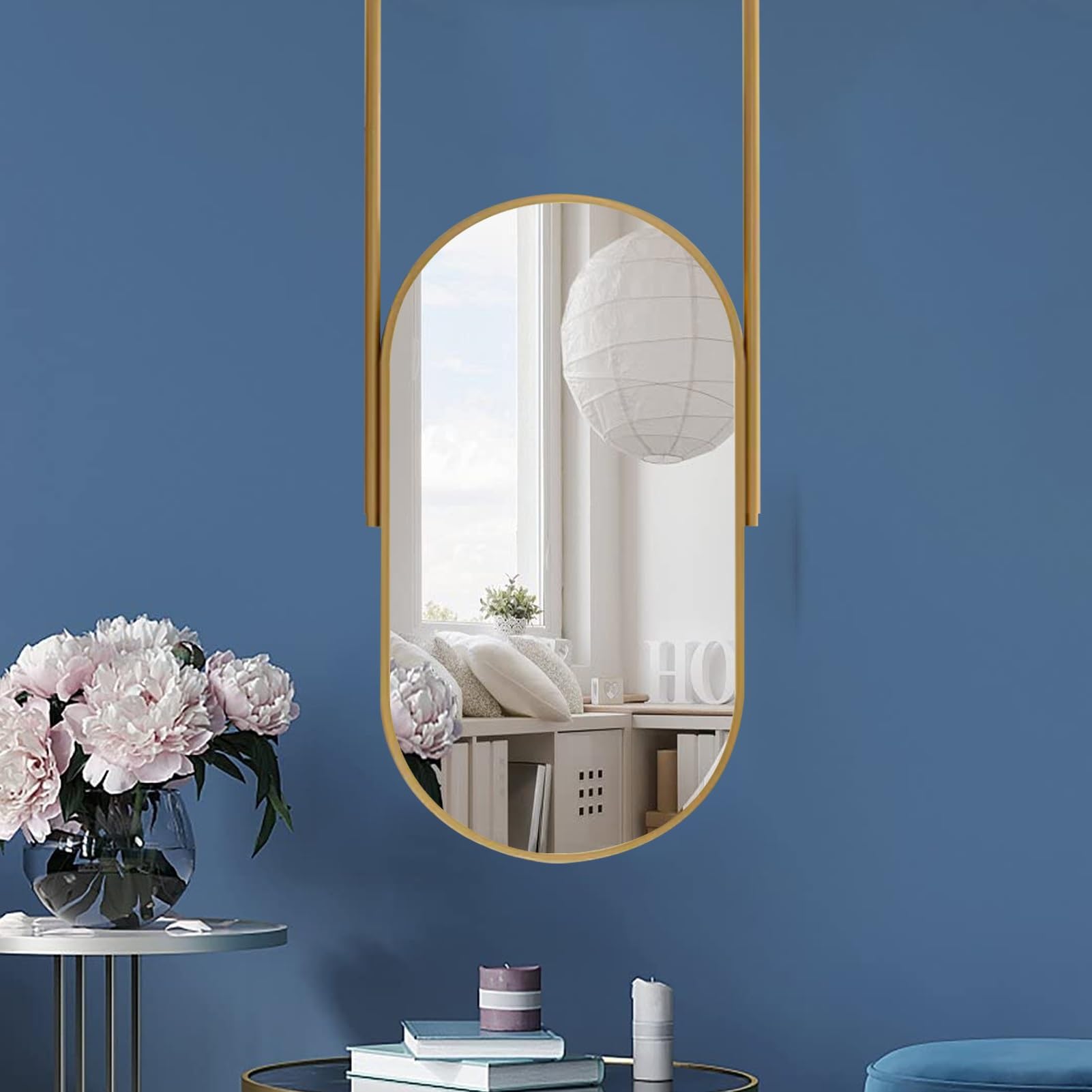 Lustro Nordic Boom do dekoracji ścian, lustro wiszące na suficie, zawieszone lustro w metalowej ramie z podwójnymi pływającymi prętami, złote owalne lusterko do makijażu w łazience w hotelu