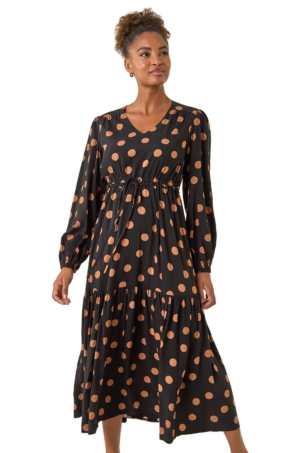 Roman Originals Polka Dot Midi Dress for Women UK - Ladies Everyday Autumn Winter V-Neckline Comfy Soft Evening Vacation Work Party Night Out - Black - Size 18