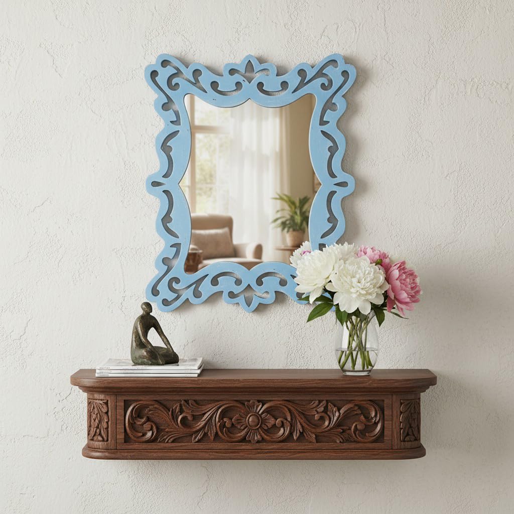 THE URBAN STORE Wall Mirror Wooden Distressed Blue Color 20"x16" Pack of One French Style Elegantly Hand Crafted Floral Carving Mirror for Home and Office Decor TUSMR80BL-image-46