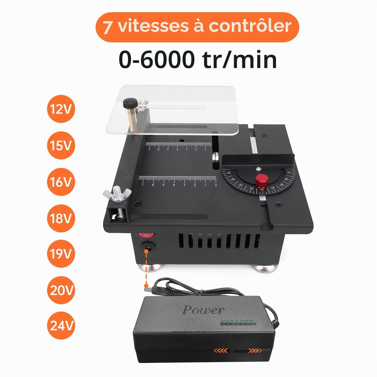 Mini scie circulaire de table électrique pour le travail du bois, coupe en métal, 7 vitesses réglables, réglage de l'angle avec différentes lames de scie, profondeur de coupe relevable