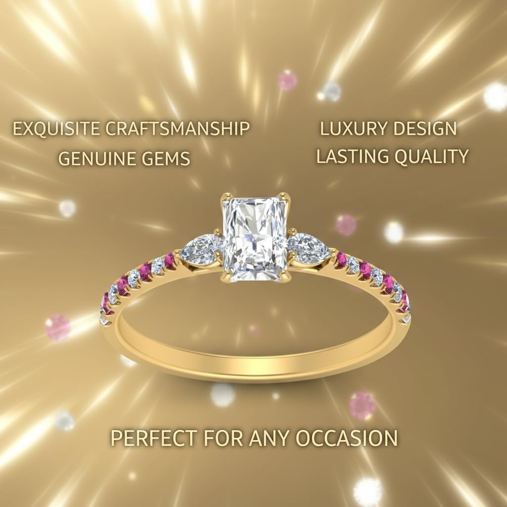 Choose Your Gemstone Pear 3 Stone Cathedral Diamond CZ Ring Yellow Gold Plated Radiant Shape Petite Engagement Rings Minimal Modern Design Birthday Gift Wedding Gift US Size 4 to 12