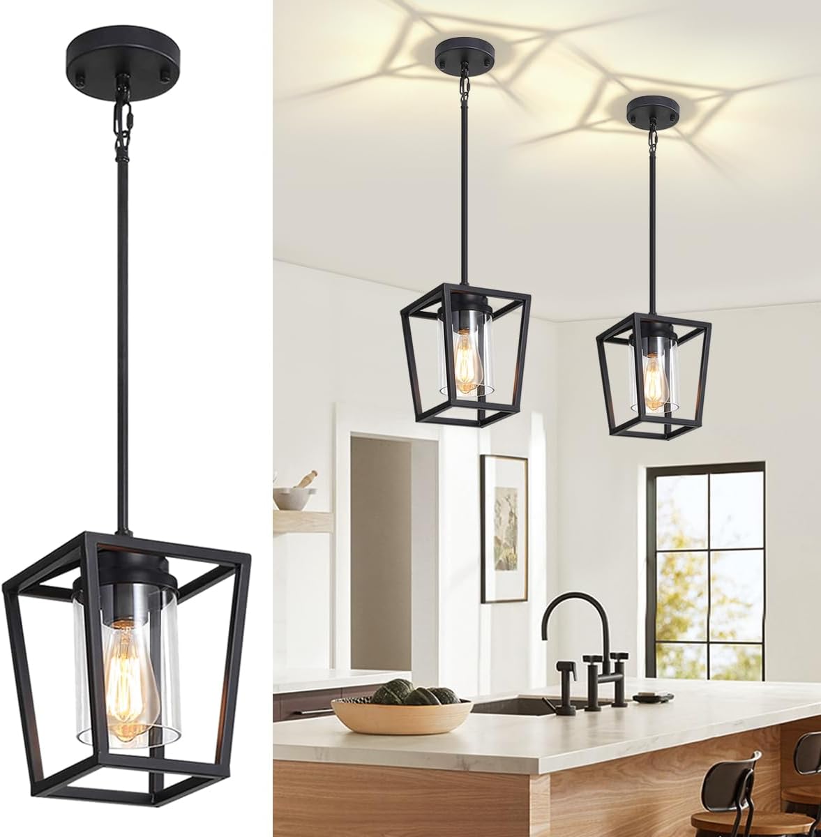 2 Pack Black Pendant Lights Kitchen Island, Modern Glass Kitchen Pendant Lighting Over Island Farmhouse Kitchen Hanging Light Fixtures for Dining Room Bathroom Hallway Foyer Lighting