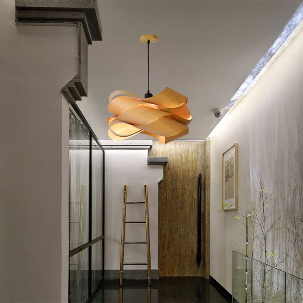 CMBSSTFC Lampy wiszą Oprawa sufitowa z forniru naturalnego drewna - Żyrandol ze spiralnym abażurem o średnicy 45 cm i wiszącą diodą LED, zapewniający niepowtarzalność i styl
