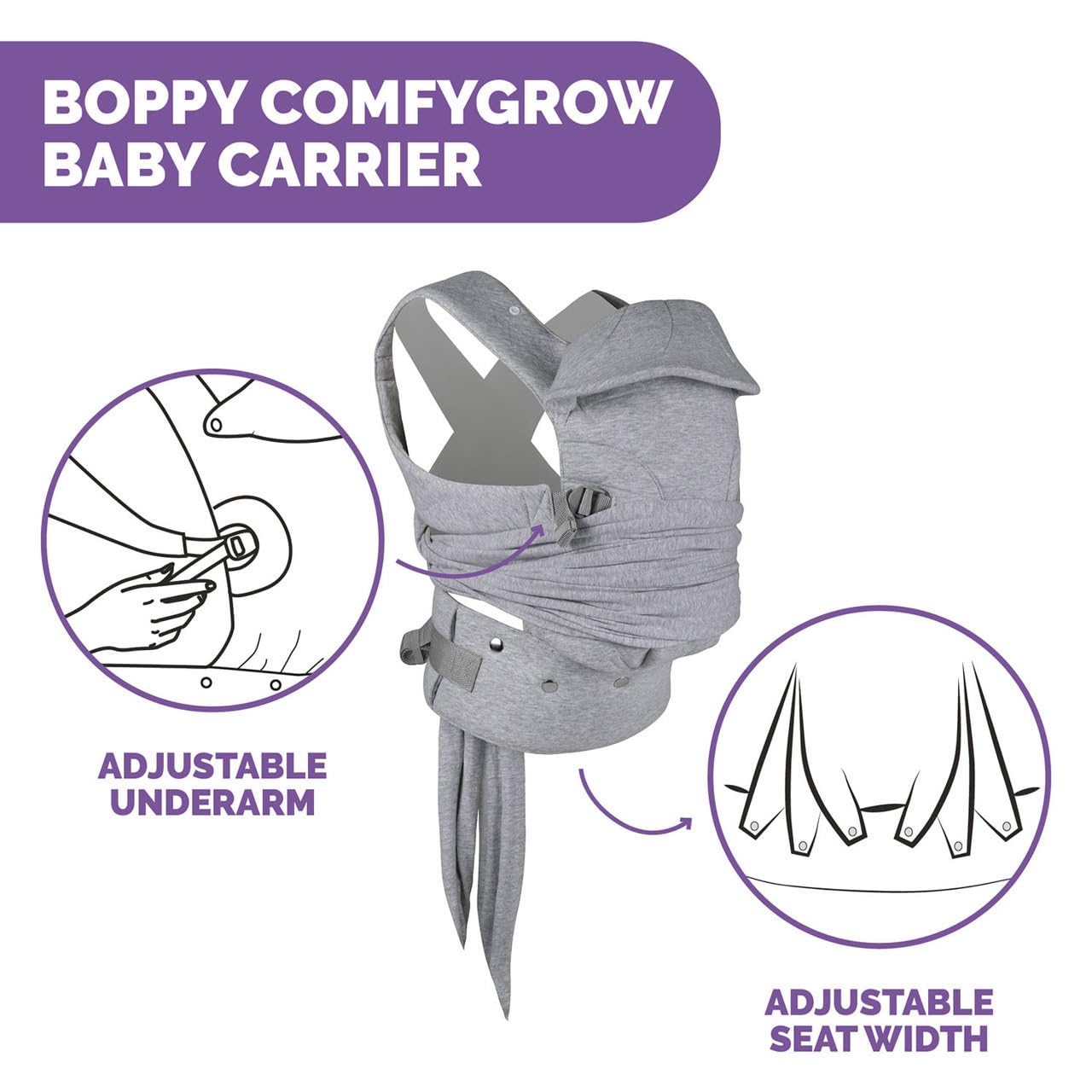 Boppy Comfygrow Porte-bébé pour nouveau-né facile à utiliser, réglable, ergonomique, avec support pour la tête et le cou, manches et siège réglables, en coton, pour 3 à 15 kg, à partir de 0 m +