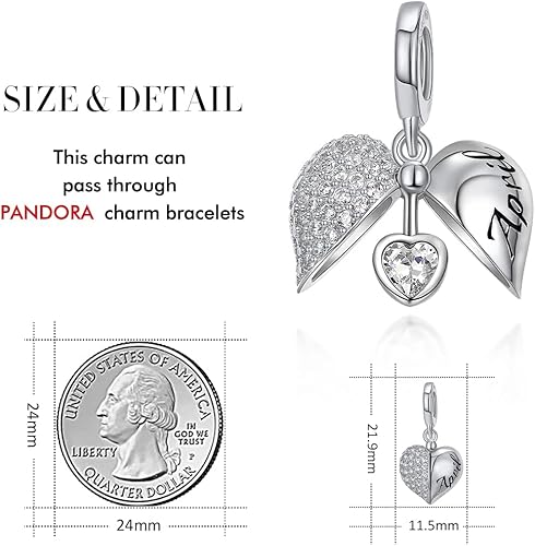 Miniatura 2 de FOREVER QUEEN Abalorios de piedra natal de plata de ley 925 con alas de ángel, dije de corazón con texto en inglés "Love You", cuentas colgantes