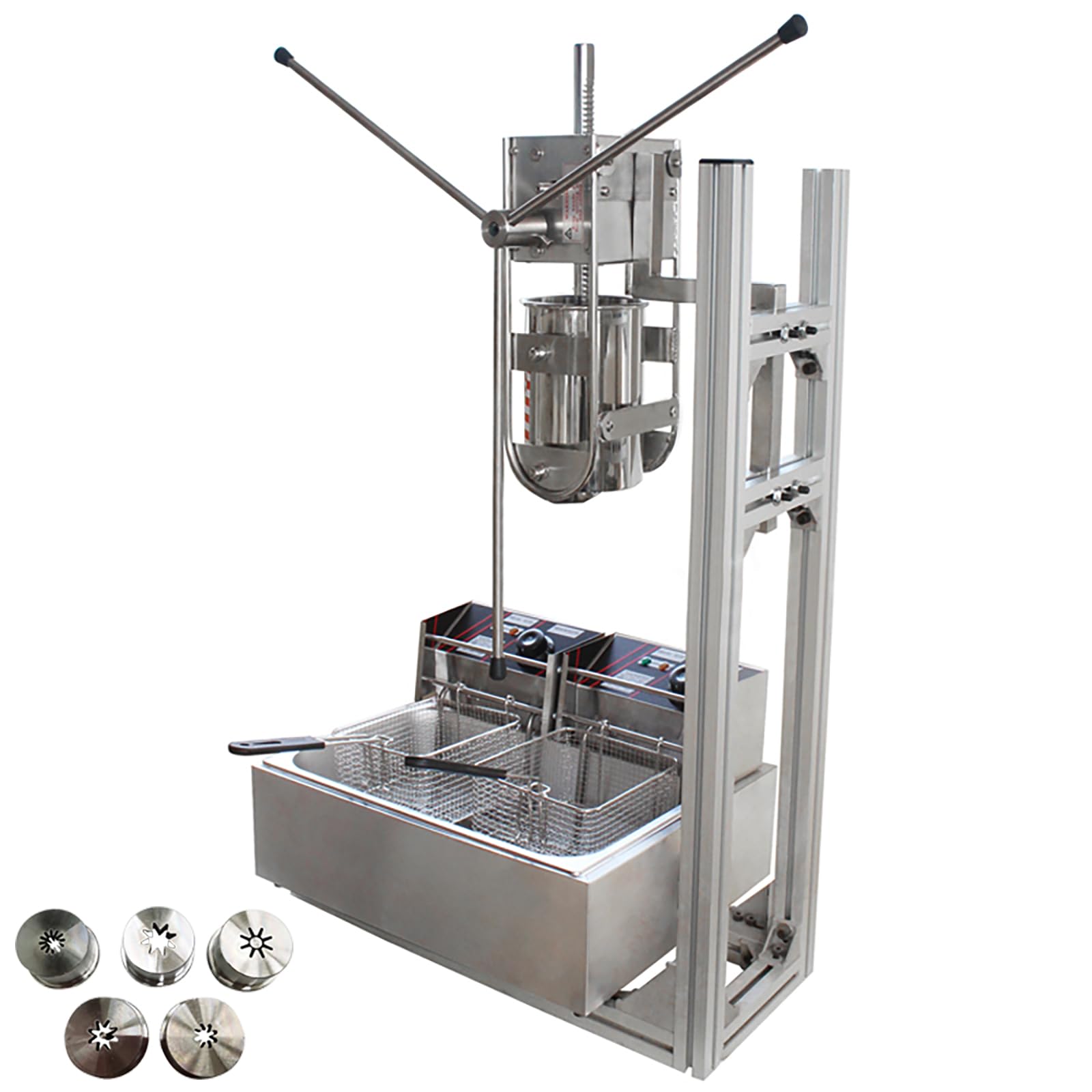 WYDDDARY 5L Commercial Vertical Manual Churrera Churros Machine Latin Fruit Machine with 5pcs Nozzles and Two 6L 220V 2500W Electric Fryers for Kitchen Restaurant