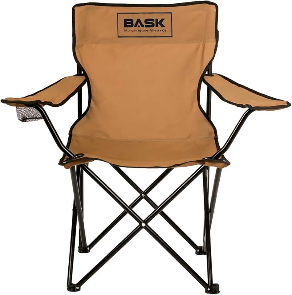 BASK Cadeira Alvorada Dobrável Portátil Reforçada com Suporte 180kg | Alça de Ombro Integrada | Porta-copo | Conforto e Espaço Ampliado para Camping, Praia e Pesca(Bege)