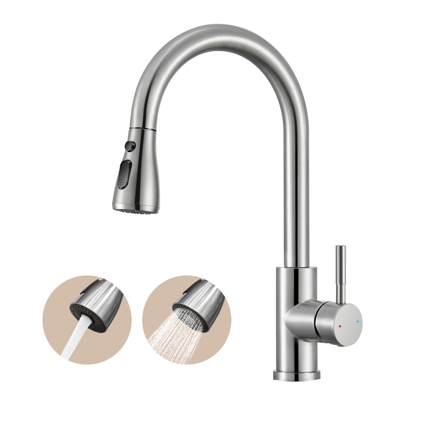 Robinet de cuisine extensible avec pivot flexible à 360°, robinet de cuisine haute pression pivotant, flexible en acier inoxydable pour la cuisine, 2 sorties d'eau