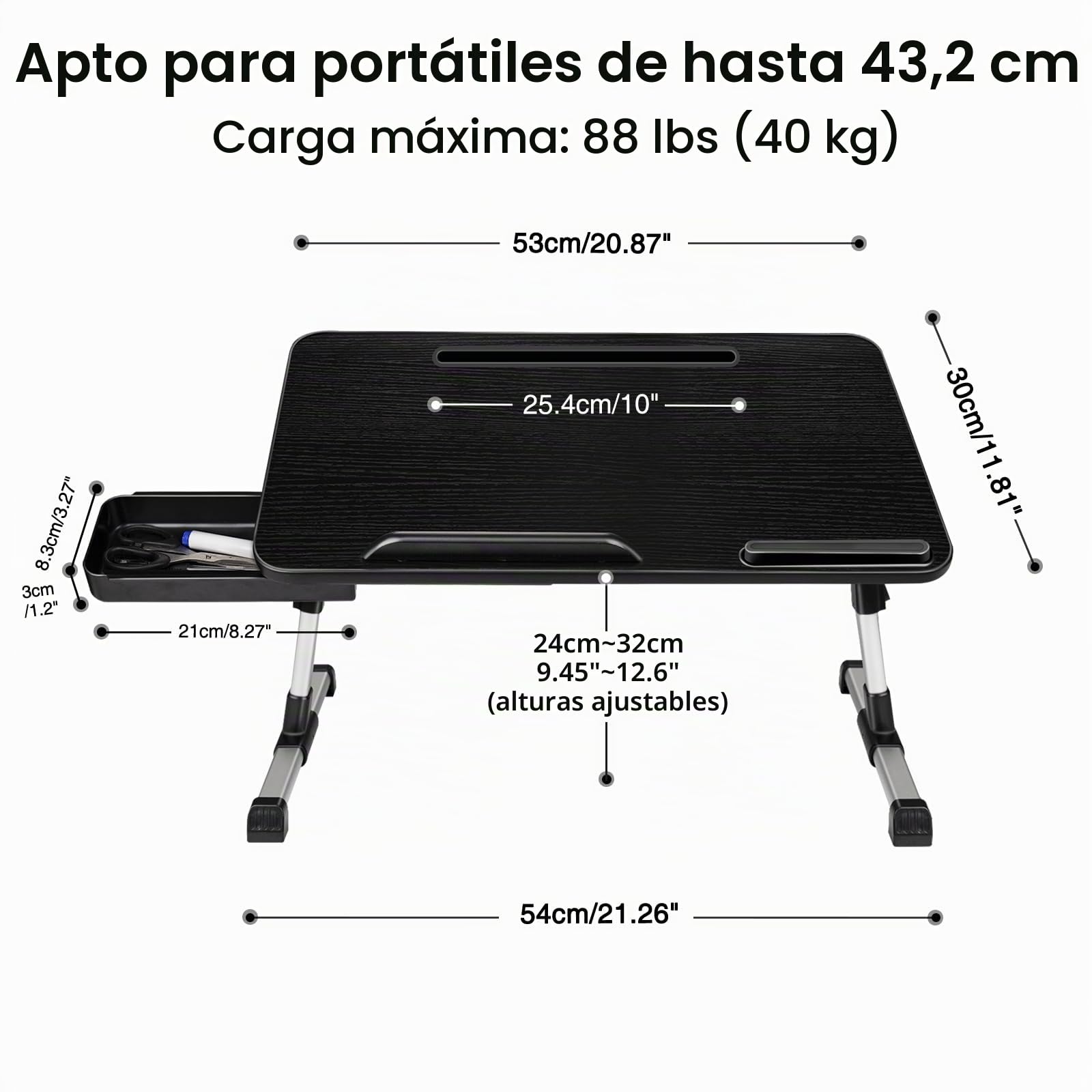 Mesa Cama, Bandeja Cama Regulable en Altura y Ángulo, Mesa Plegable Portatil con Cajón y Ranura para Pad, Mesa para Cama, Sofa, Suelo (53 x 30 cm)