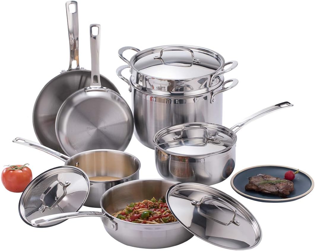 3-ply Stainless Steel Cookware Set, 11-Piece Induction Ready Pans and Pots Set, Dishwasher Safe Cookware Set, Silver