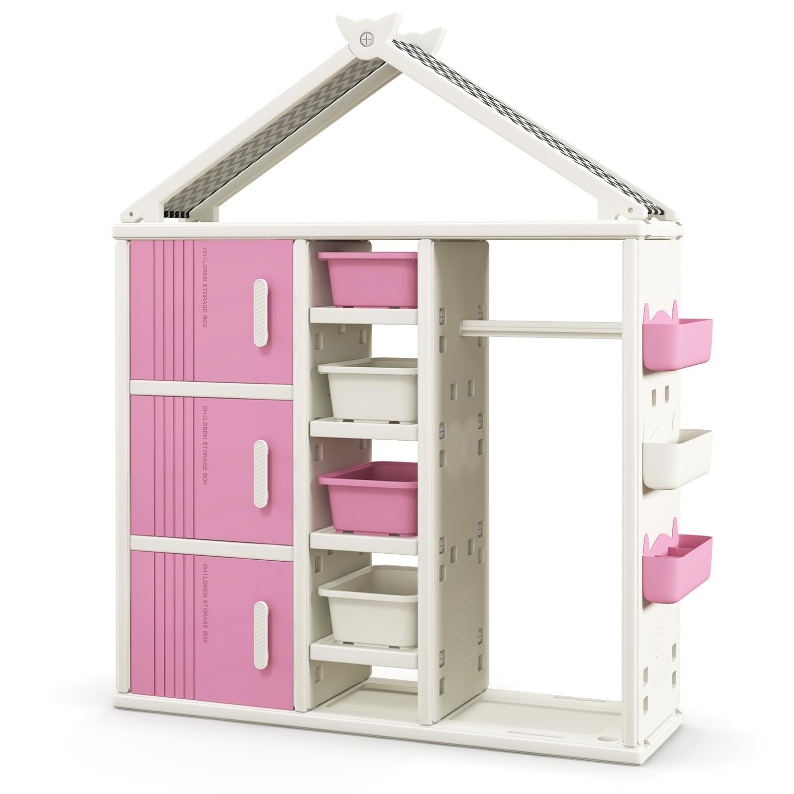 FANTASK Kinderregal in Hausform, 130 x 34 x 156 cm, Kindergarderobe mit Regalen, Seitenkörben & 4 Aufbewahrungsboxen, Kinder Kleiderschrank für Kinderzimmer (Rosa)