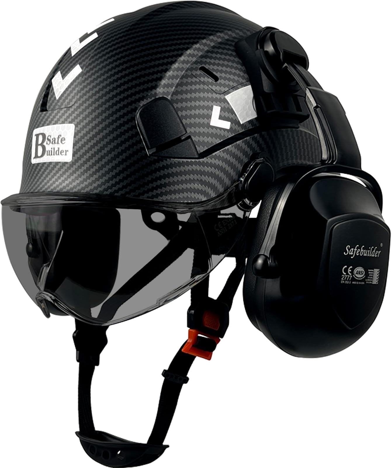 Safety Helmet with Visor Ear Muffs Work at Hight Abs Hard Hats for Industrial Construction Head Protection ANSI Z89.1 Approve (Matte Black+Tinted Visor+B07 Ear Muffs)