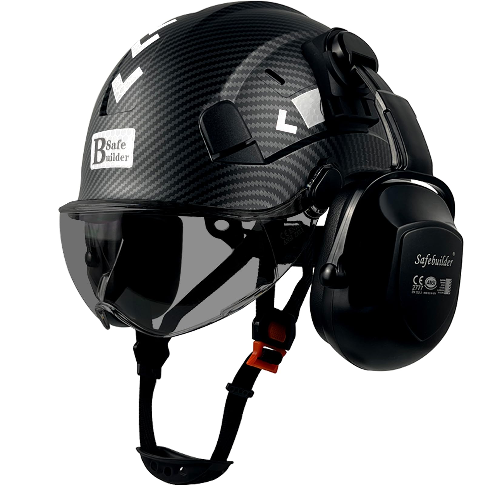 Safety Helmet with Visor Ear Muffs Work at Hight Abs Hard Hats for Industrial Construction Head Protection ANSI Z89.1 Approve (Matte Black+Tinted Visor+B07 Ear Muffs)