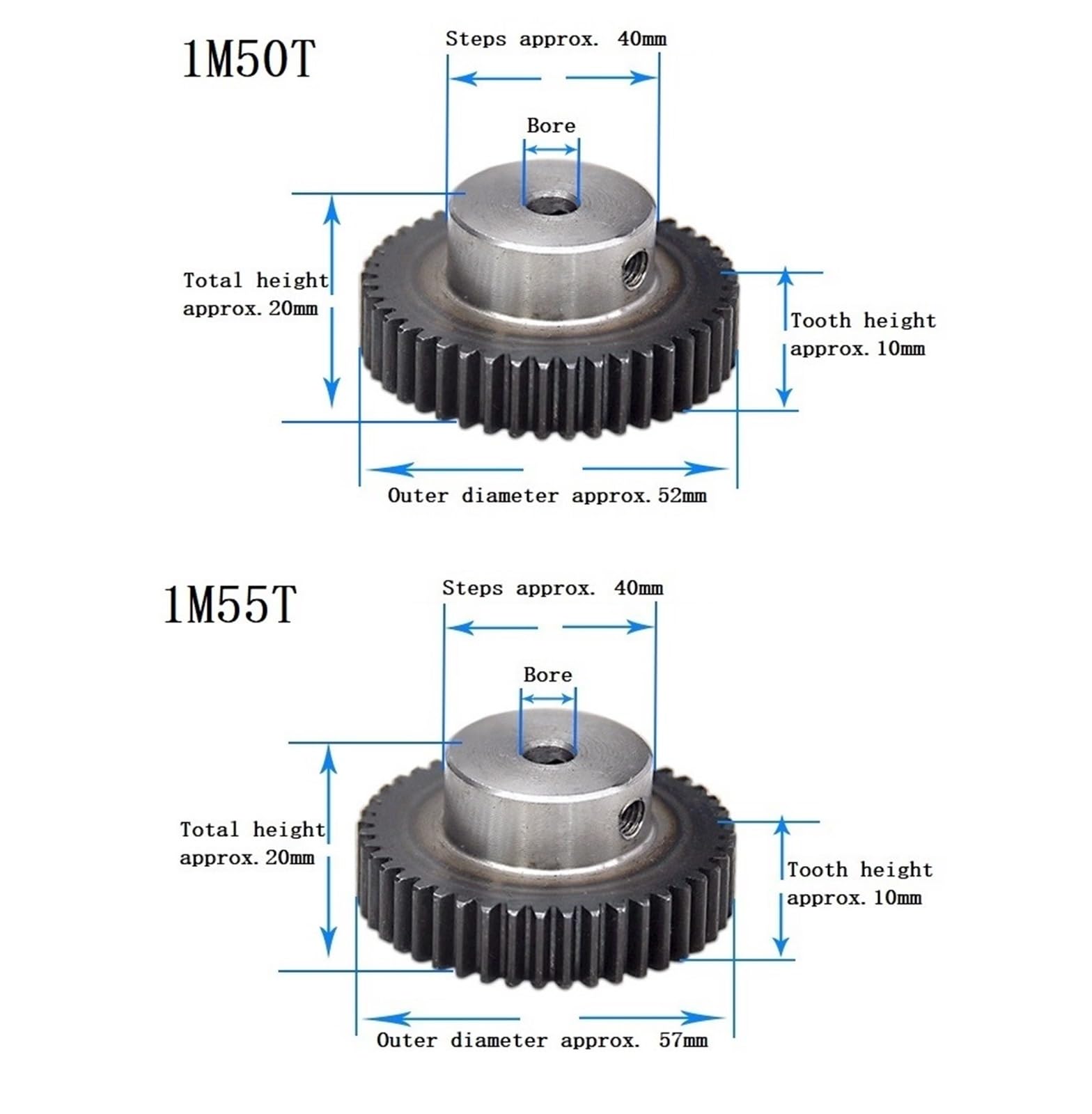 Bevel Gear Pinion Hardware Mechanical 1pcs 1M Spur Gear 50T/55T Carbon Steel Gear Wheel Bore Size 6/8/10/12mm(8mm-1M 55T -1pcs)