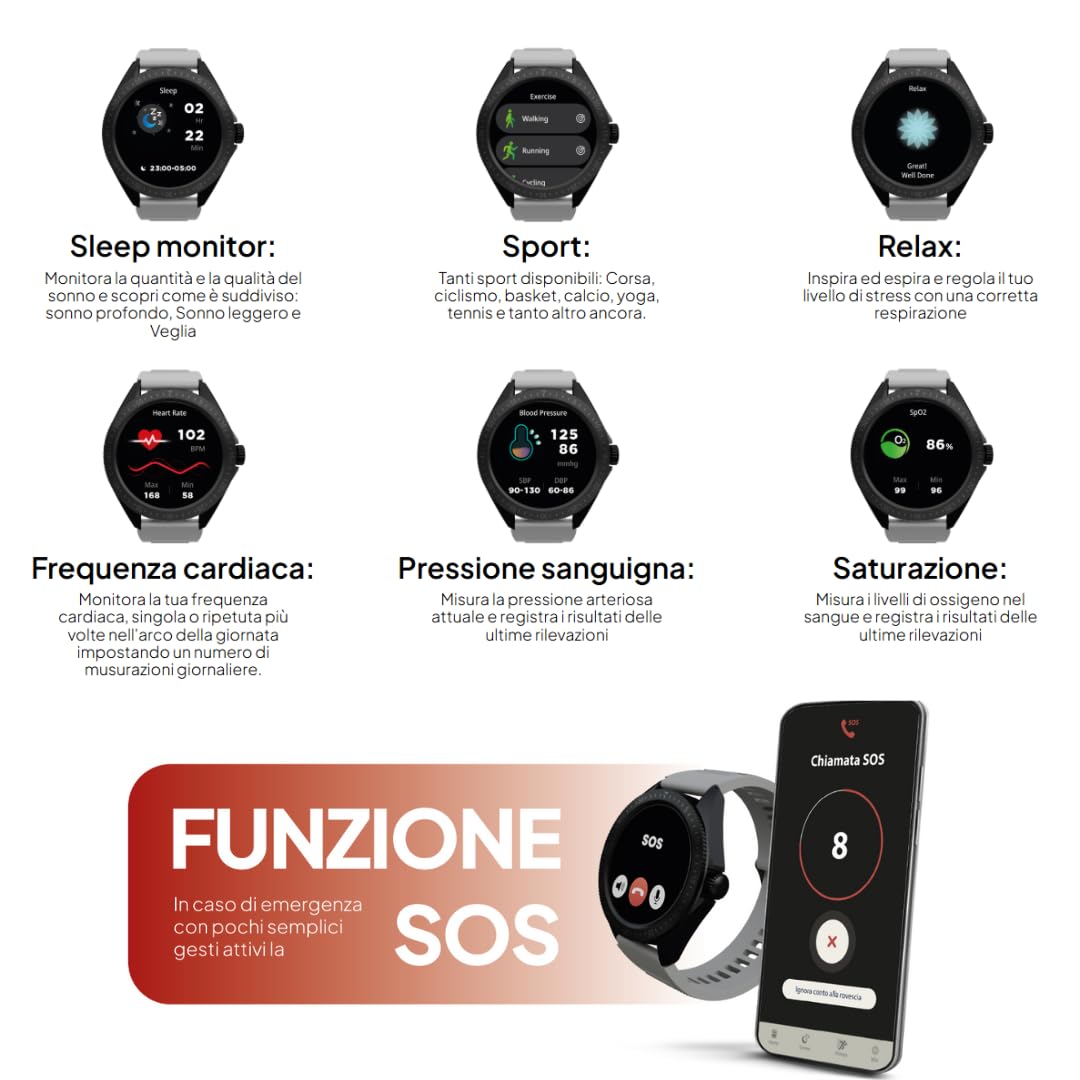 Techmade Rocks 2.0 Montre Connectée Homme Femme, Appels Bluetooth, Notifications Whatsapp, Podomètre, Cardiofréquencemètre, Suivi du Sommeil, Multisport, Étanche, (Noir et Gris Clair)