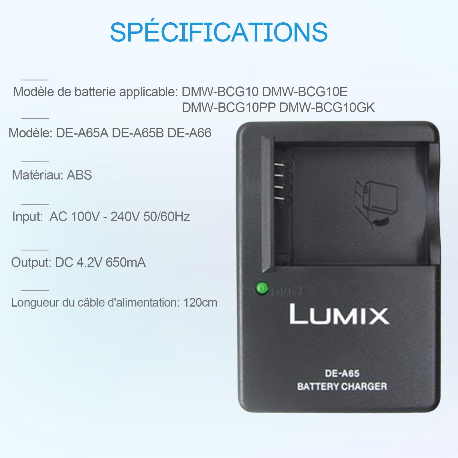 DE-A65 DMW-BCG10 DMW-BCG10E Chargeur de Batterie Compatible avec Panasonic Lumix DMC-ZS1 ZS3 ZS5 ZS6 ZS7 ZS8 ZS10 ZS15 ZS19 ZS20 TZ7 TZ10 TZ19 TZ20 TZ30 ZR1 ZR3 Appareil Photo & 120cm AC Power Cord