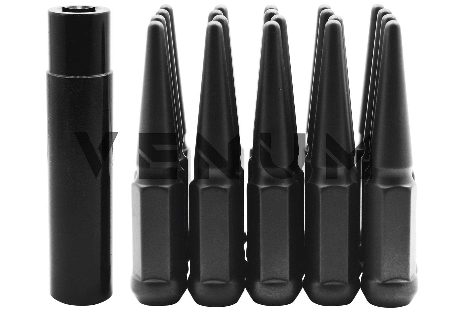 32-Piece Black Spike Lug Nut Set With Key - M14x1.5 Thread, 4.5" Tall, Fits GM 2500/3500