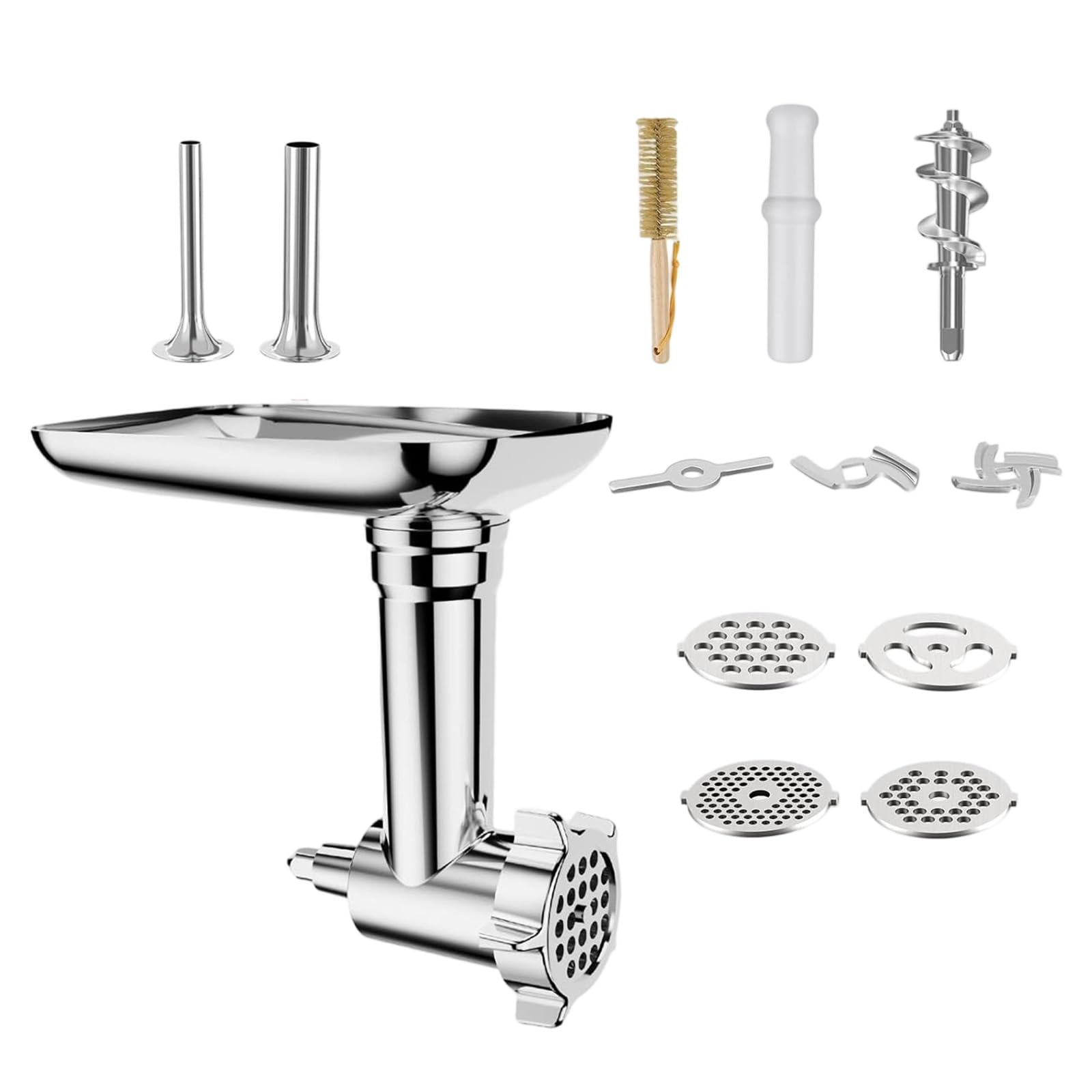 Accessori da cucina per robot da cucina, set accessori per salsiccia e tritatutto in acciaio inox, 21, con piastre macinazione, dischi da taglio e vassoio alimentazione,