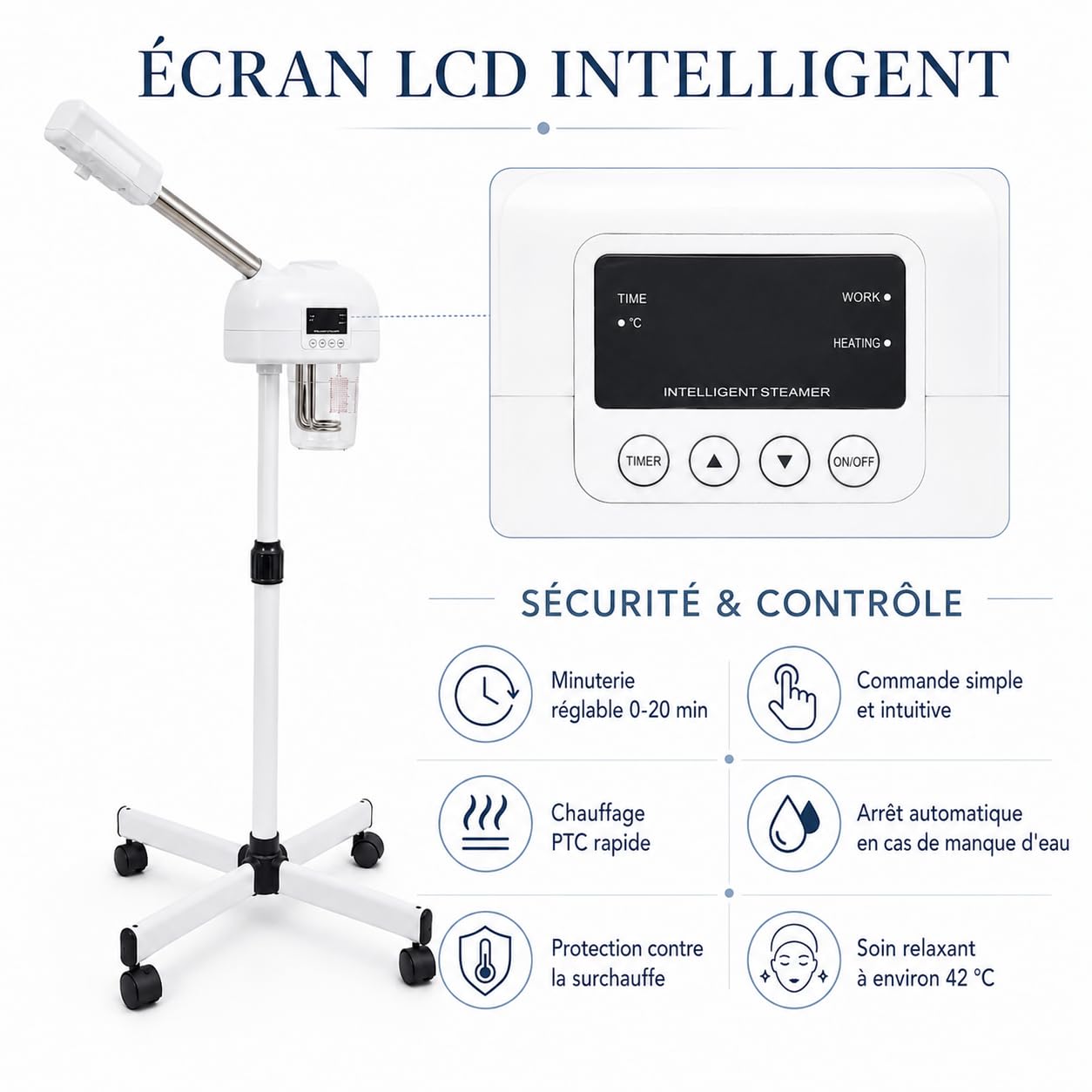 Vapozone Estetica Professionale su Piede Regolabile, Vaporizzatore Viso Ozono Caldo e Inalatore Vapore Ionico, Umidificatore Sauna Facciale per Spa, Soggiorno e Casa, Timer 20-30 Min, 750W
