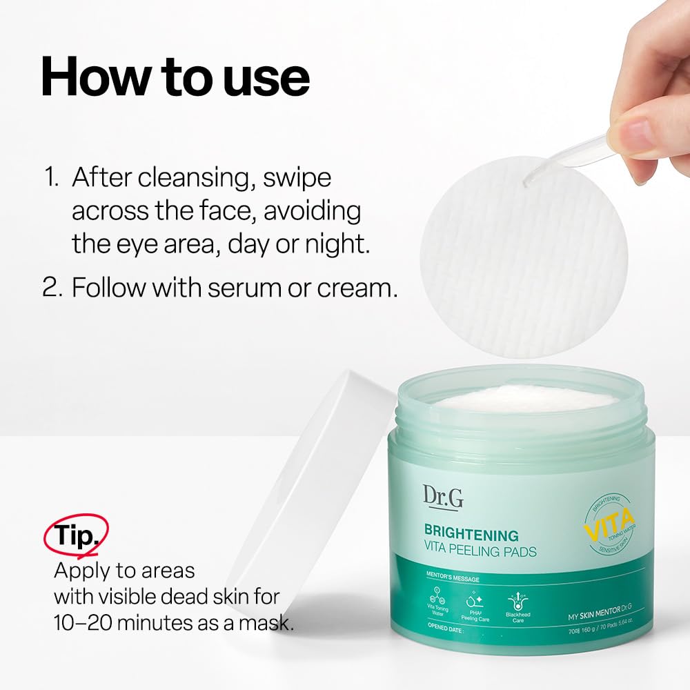 Dr.G Brightening Vita Peeling Toner Pads - Vitamin C, Niacinamide (B3) & B5 Facial Pads with PHA Exfoliant - Gentle Exfoliator for Uneven Tone & Texture - Hydrating Korean Skin Care - 70 Count