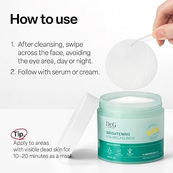 Dr.G Brightening Vita Peeling Toner Pads - Vitamin C, Niacinamide (B3) & B5 Facial Pads with PHA Exfoliant - Gentle Exfoliator for Uneven Tone & Texture - Hydrating Korean Skin Care - 70 Count