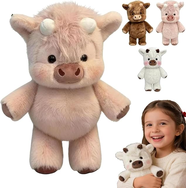 STOAT Highland Cow Peluche, Realista Vaca Highland Peluche, Suave Animal de Peluche para Adultos, decoración de Granja, Regalo para Amantes de los Animales (Rosa)