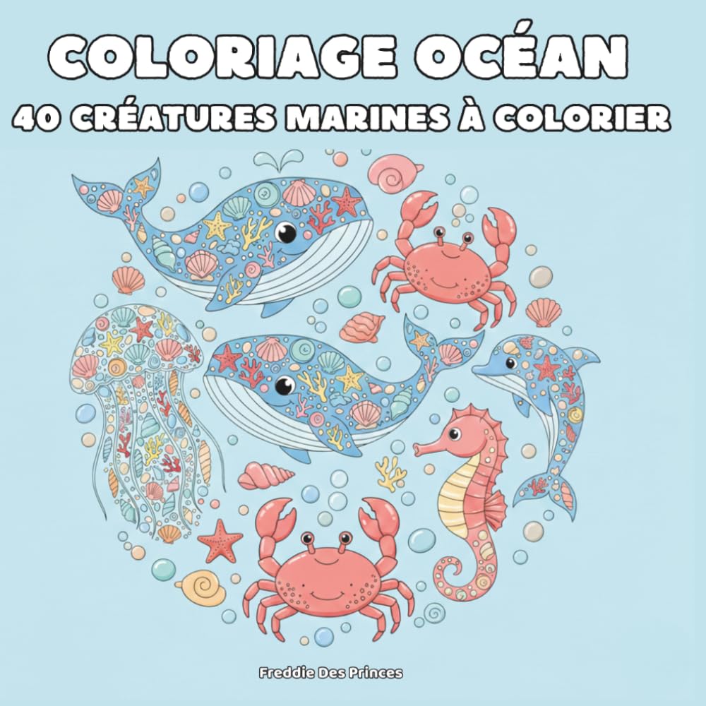 Coloriage Océan - 40 Créatures Marines à Colorier: Dessins détaillés de poissons, tortues, dauphins, requins, hippocampes et coquillages - Coloriage adulte relaxant pour détente et méditation