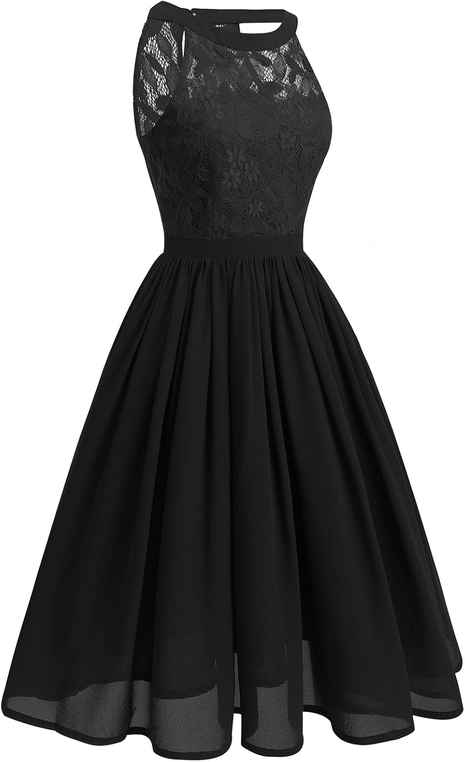 Women Halter Neck Floral Lace Chiffon Bridesmaid Dress Wedding Guest A Line Semi Formal Cocktail Swing Party Dress Illusion Sweetheart Short Vintage Casual Evening Prom Homecoming Dress Black-Cutout S - Image 2