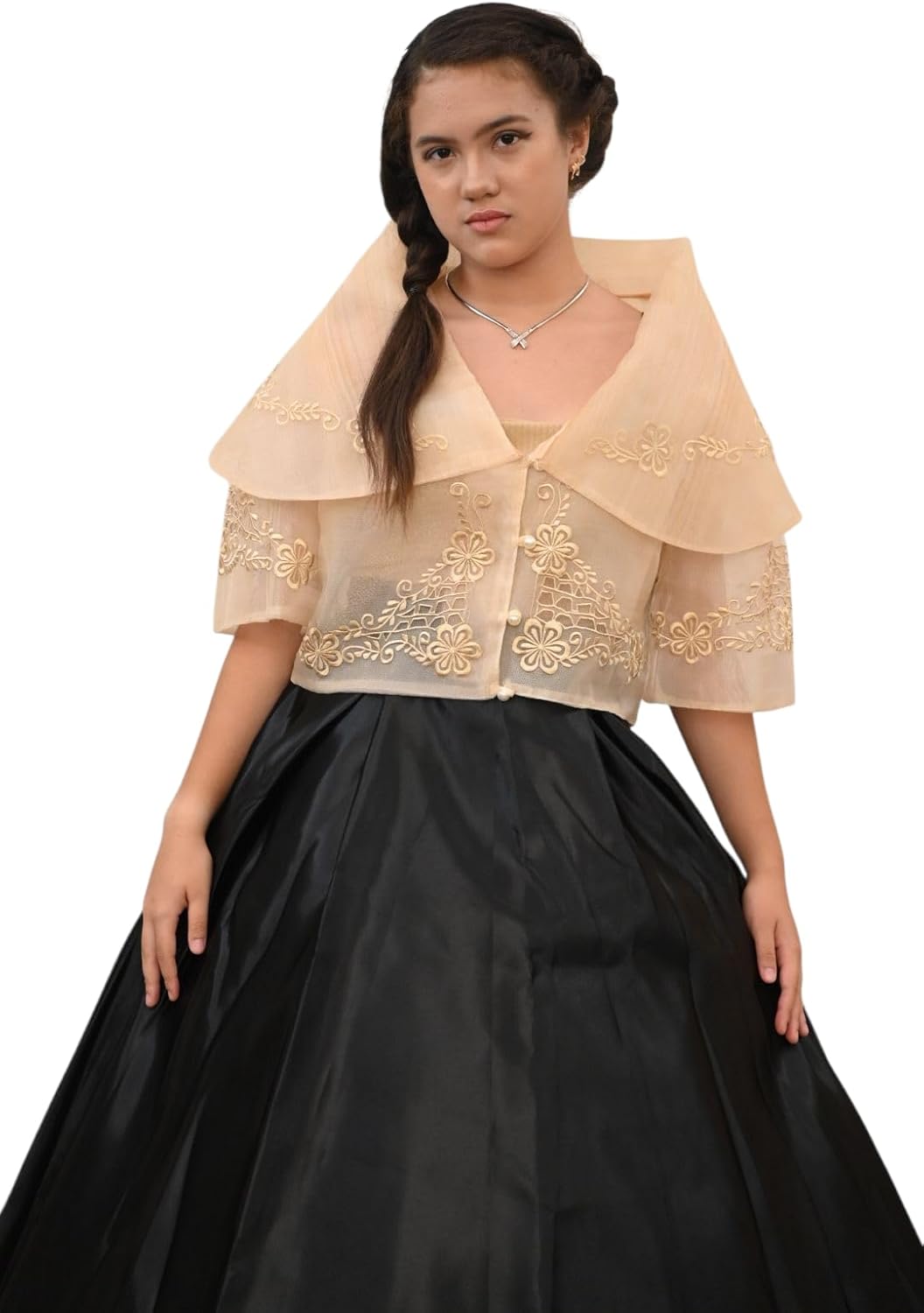 Maria Clara Filipiniana, Beige Embroidered Top, Formal Traditional Filipino Wear