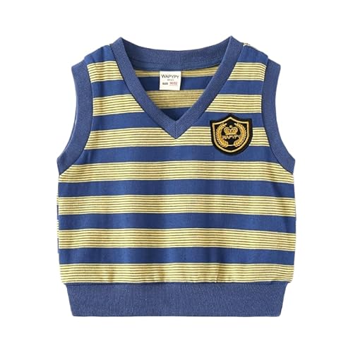 Rngeddg Baby Boys and Girls' Striped V Neck Sweater Vest Embroidered Badge School Style Casual Knitted Vests Toddlers (12 Months,Blue)