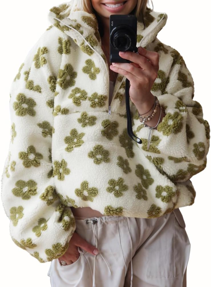 chouyatou Women's Fall Cute Floral Faux Fur Pullover Fleece Sweatshirt Y2k Casual Zip Up Winter Sherpa Jacket