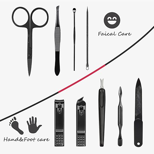 Miniatura 5 de HANTEKAS Juego de manicura 9 en 1 de acero inoxidable, cortaúñas, tijeras y pedicura, kit de aseo portátil de viaje para hombres y mujeres con