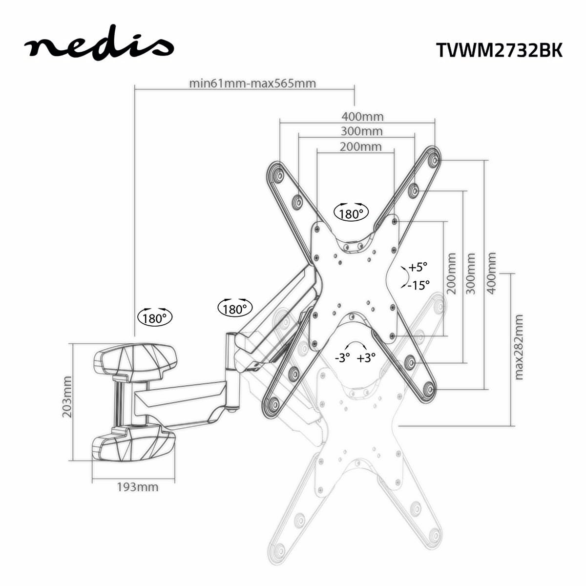 Supporto a parete per TV verticale - 23-55" - Peso massimo supportato dello schermo: 30 kg - Movimento verticale: 0-282 mm - Distanza minima dal muro: 61 mm - Distanza massima dal muro: 565 mm