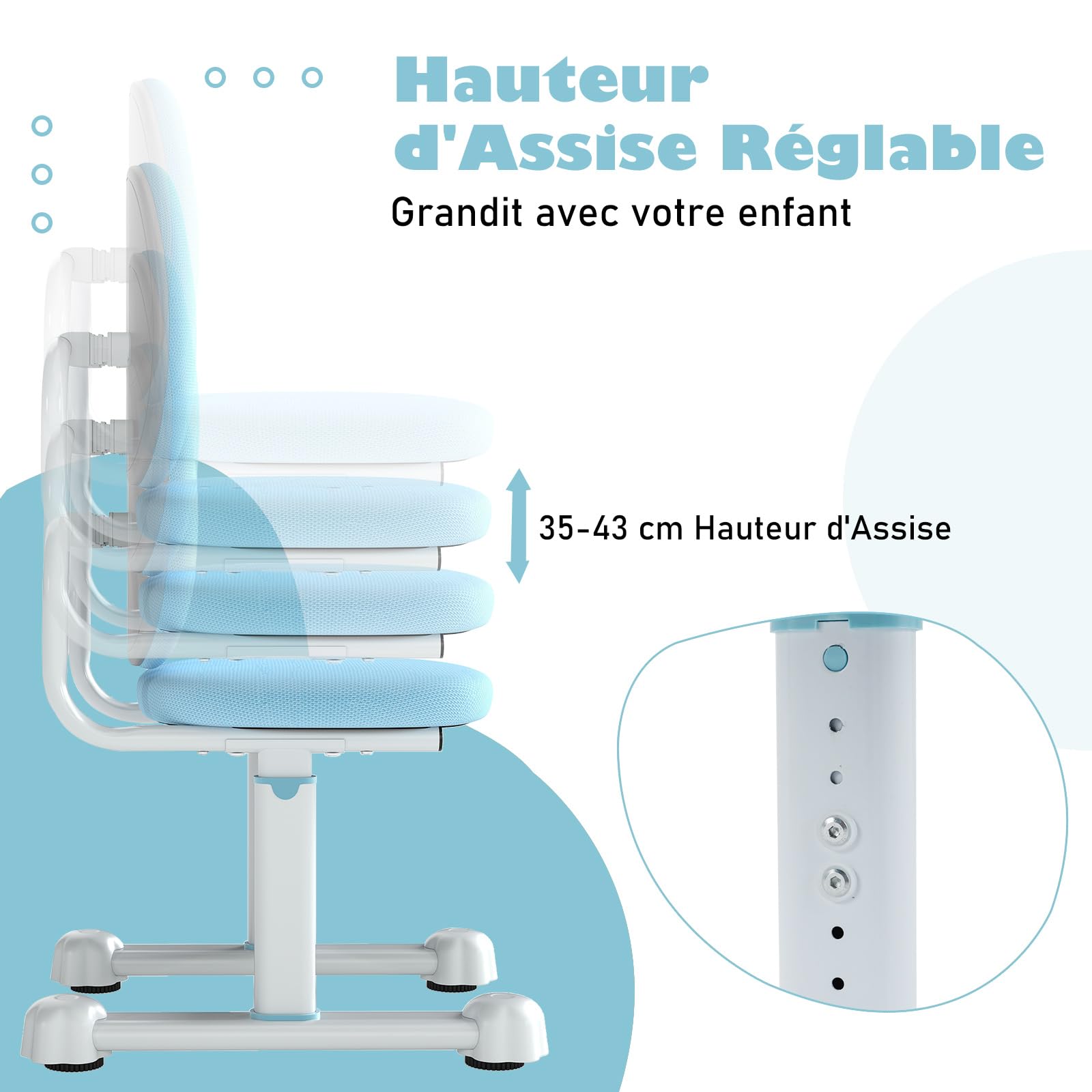 COSTWAY Chaise de Bureau Enfant avec Hauteur Réglable & Dossier Ergonomique, Fauteuil de Bureau avec Maille Respirante & Patins Ajustables, Charge 100kg pour Filles Garçons de 6-12 Ans (Bleu)