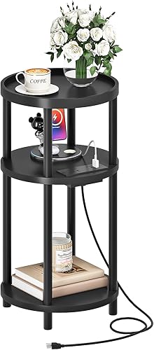 HOOBRO Mesa auxiliar redonda pequeña con estación de carga, mesa auxiliar redonda de bambú de 3 niveles, mesa de noche compacta para espacio