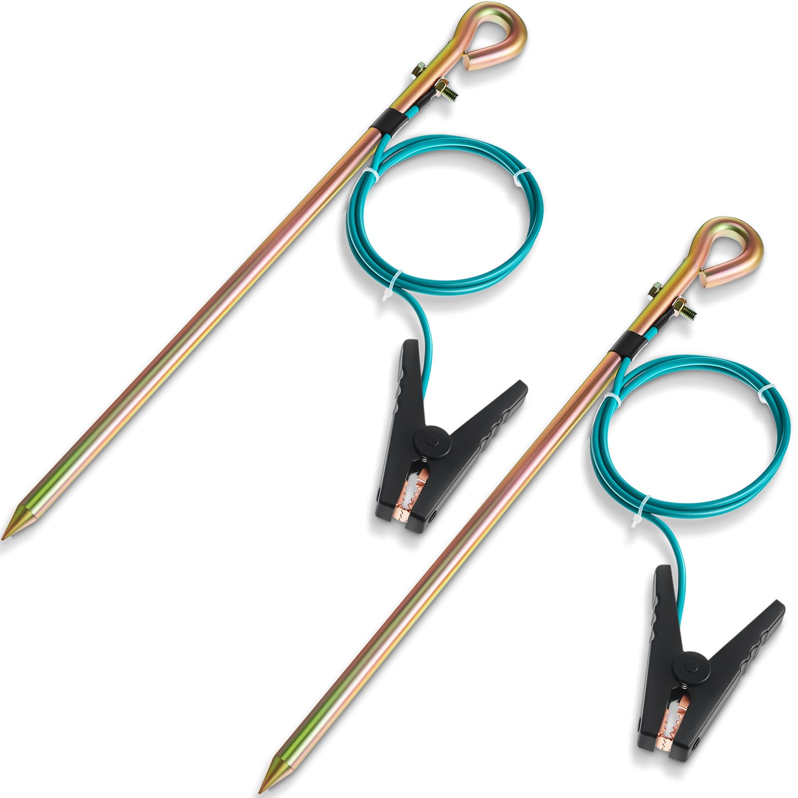 2 Pcs Portable Ground Rod Grounding Rod with 4ft Grounding Wire 12AWG and Clip Grounding Pin Electric Fence Ground Rod for Antennas Satellite Dishes Generator(Crocodile Clip)
