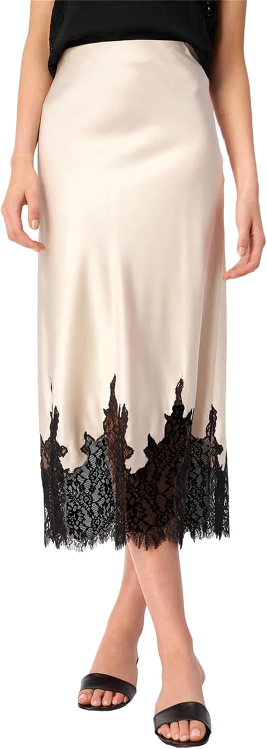 Thopavenoir Women Satin Floral Lace Trim Maxi Skirts Flowy Swing Silky A Line Skirt Y2k Going Out Half Slip Long Skirts