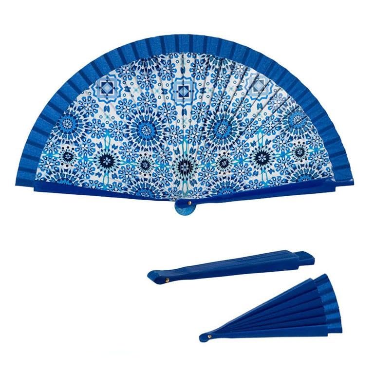 DRW Abanico Madera Decorado con Arabesque Azul 42 cm