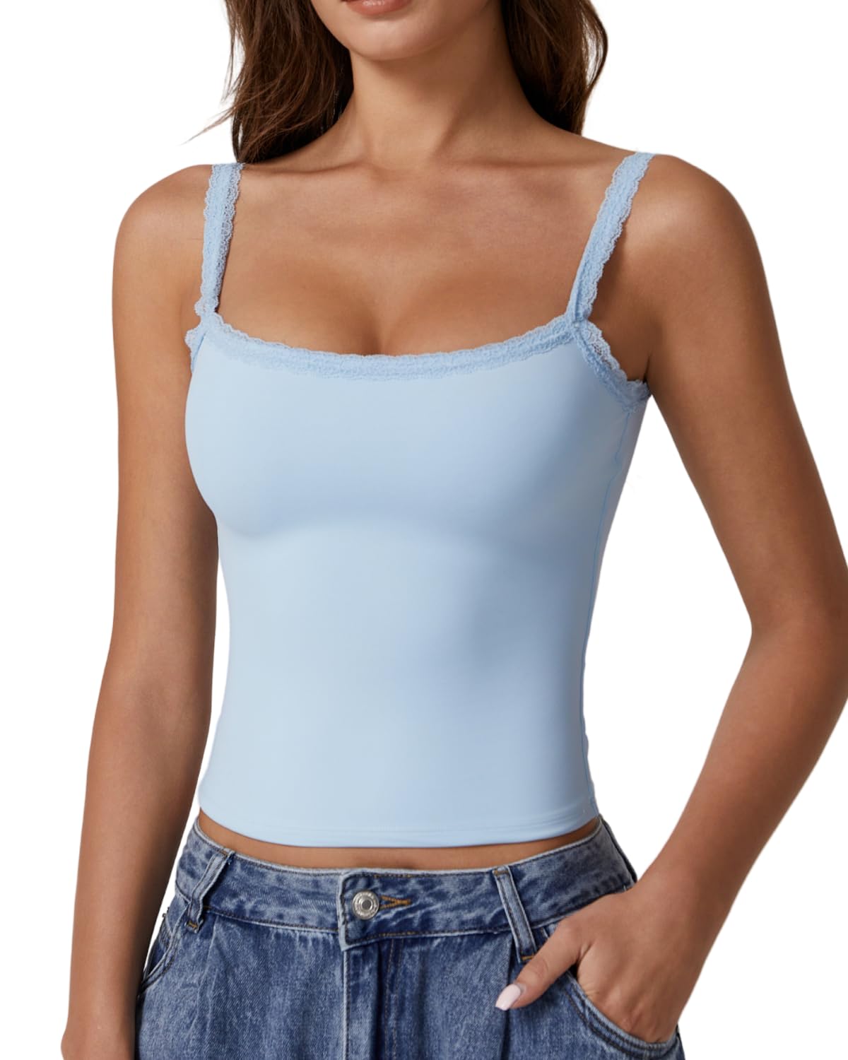 QINSEN Womens Square Neck Lace Trim Tank Top Double Lined Slim Fitted Y2k Going Out Camisole Shirts