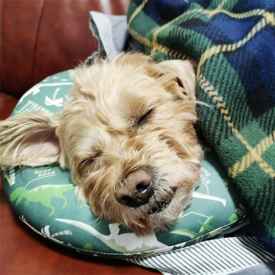 review Cute Cooling Dog Bed Pillows, Half Donut U Shaped Pet Neck Pillow,Pet Neck Pillow for Upper Spine and Calming Support (Green Dino World, Large for Pets Under 30lbs)