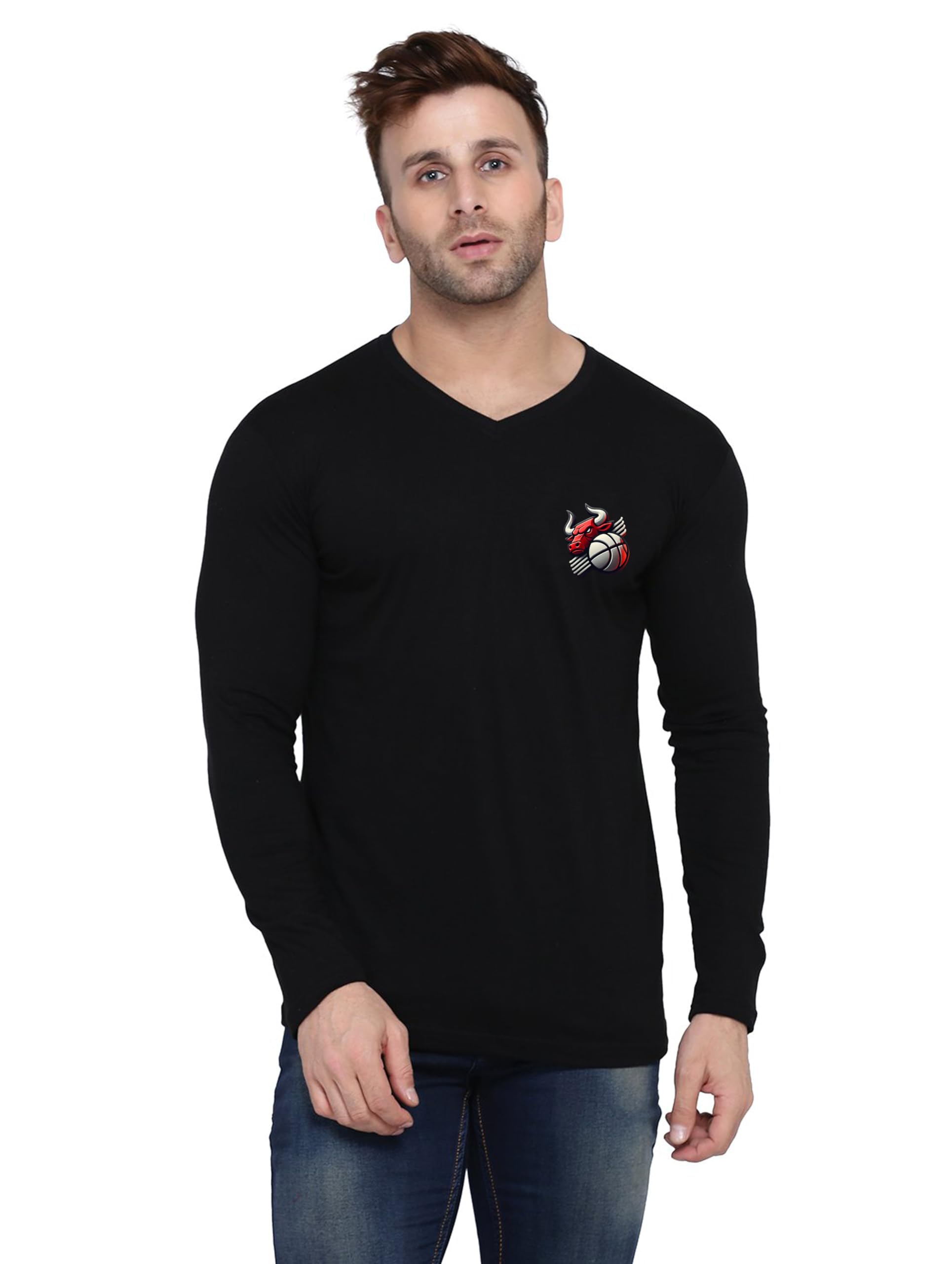 Tfurnish Men's V-Neck Full Sleeve T-Shirt | Slim Fit Casual Tee with Chest Print | Soft Cotton Blend Black