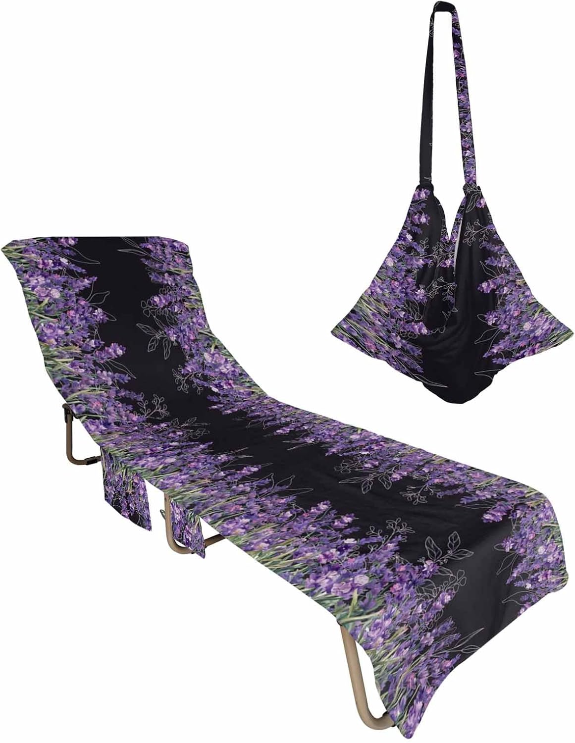 Purple Lavender Beach Pool Patio Lounge Chaise Chair Cover Towel With Pockets,Absorbent & Quick Dry Microfiber Towel Cover Bag Summer Travel Accessories for Sunbathing Vintage Watercolor Botanic Black