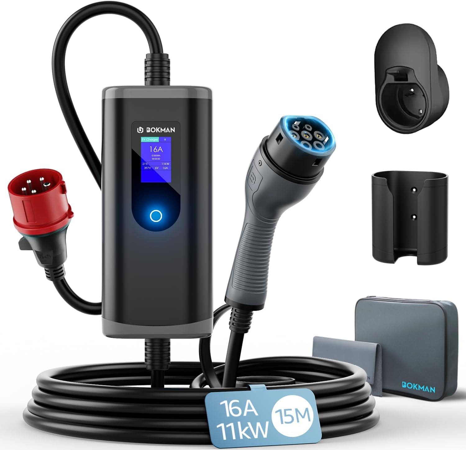 bokman Cargador Coche Eléctrico Tipo 2 11kW 15 Metros y Cable Adaptador | 3 Fases, 6-16A, CEE, IP65 Impermeable, EV-Cargador portátil con Adaptador CEE para Vehículos Eléctricos