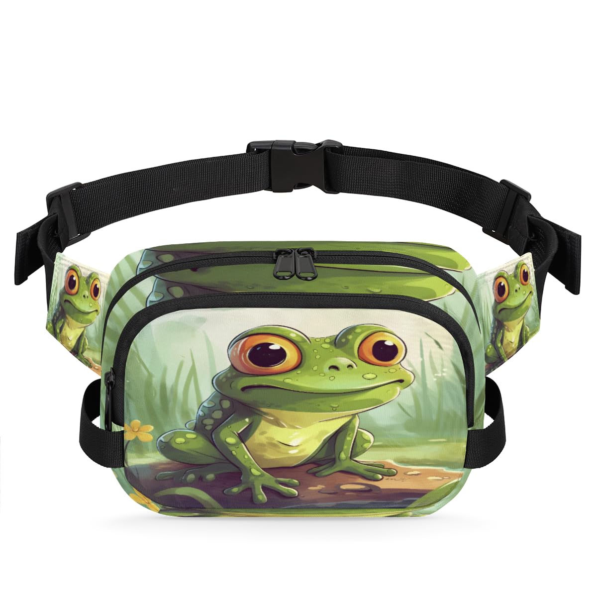 Cute Watercolor Frog Pond Waterproof Fanny Pack for Women Men Adjustable Waist Bag with Double Zipper Pockets Lightweight Square Hip Pack for Running Travel Hiking Workout Cycling