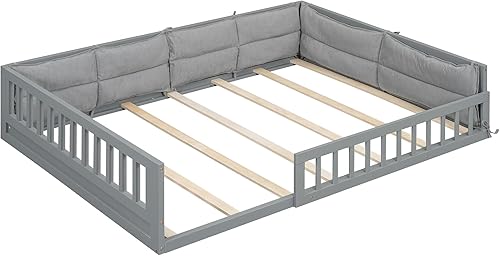Miniatura 23 de LZ LEISURE ZONE Cama de plataforma de tamaño individual con valla, marco de cama de piso de madera maciza con puerta, marco de sofá cama tamaño