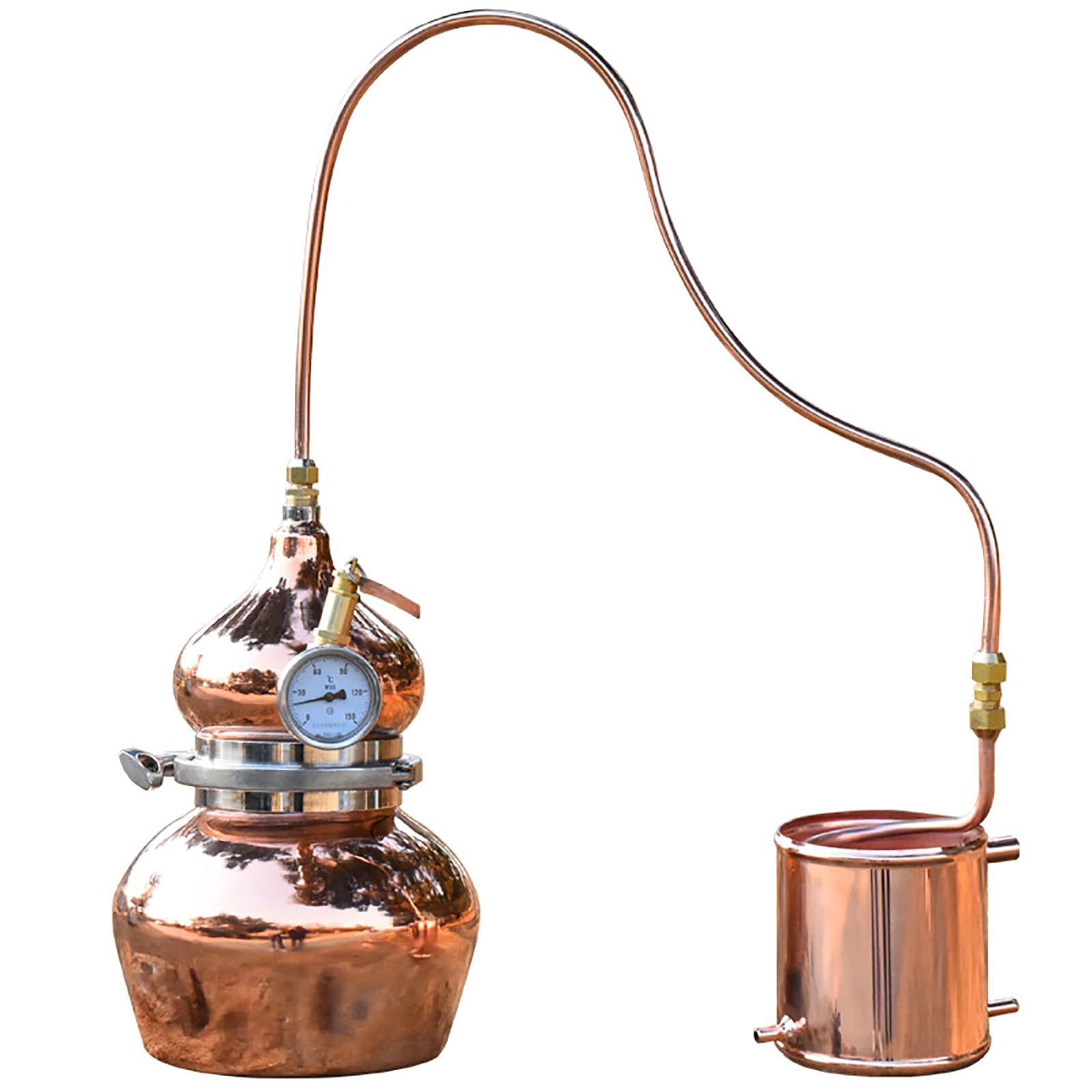 LYSDIANPU 5L Pure Copper Moonshine Still, Household Small Distillation Equipment with Thermometer, Kettle Body Thickness 1.5-2mm, Rapid Cooling Pot, DIY Home Brewing Kit for Whiskey