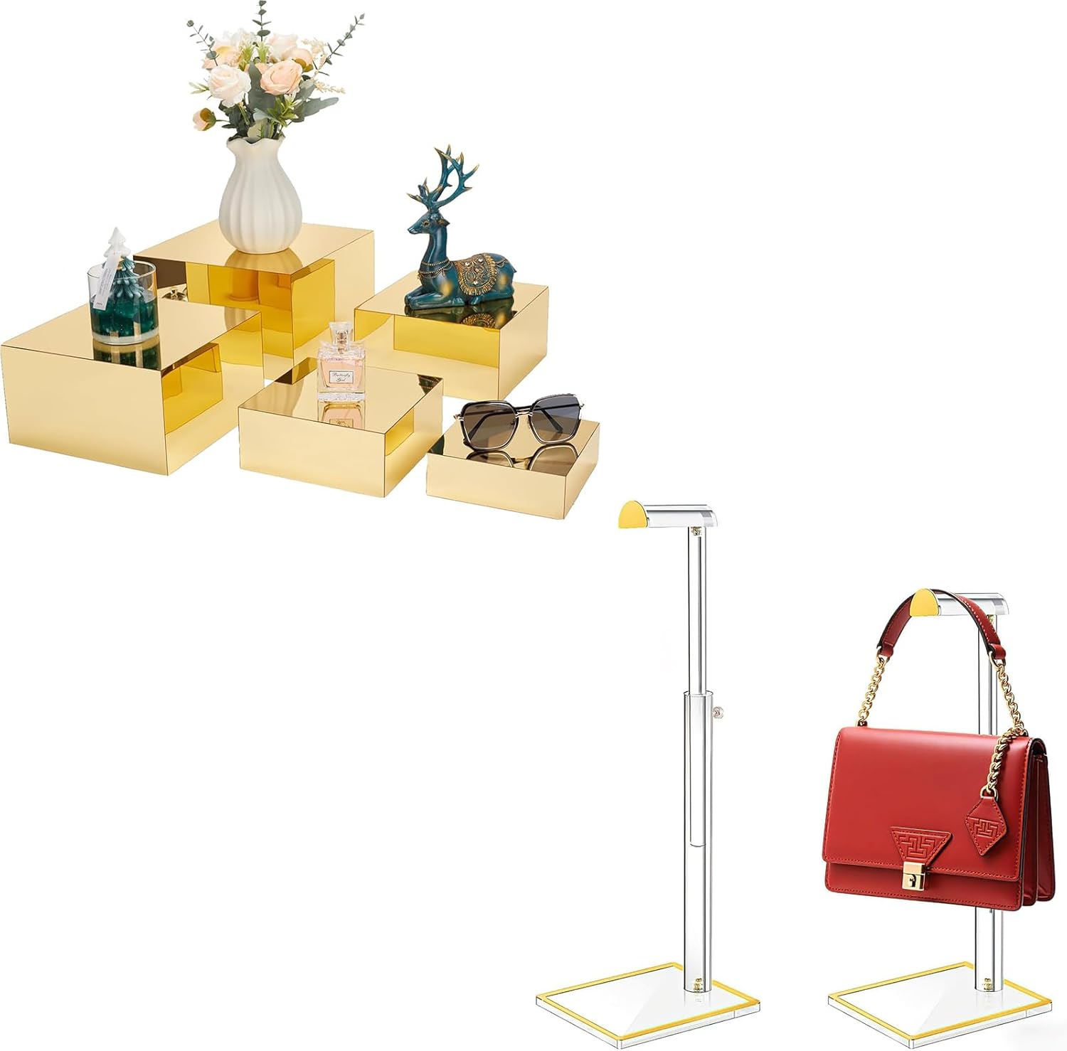 Gold Acrylic Display Stands Bundle: 5-Piece Risers & Adjustable Handbag Stand Set for Jewelry, Purse, Retail Visual Merchandising