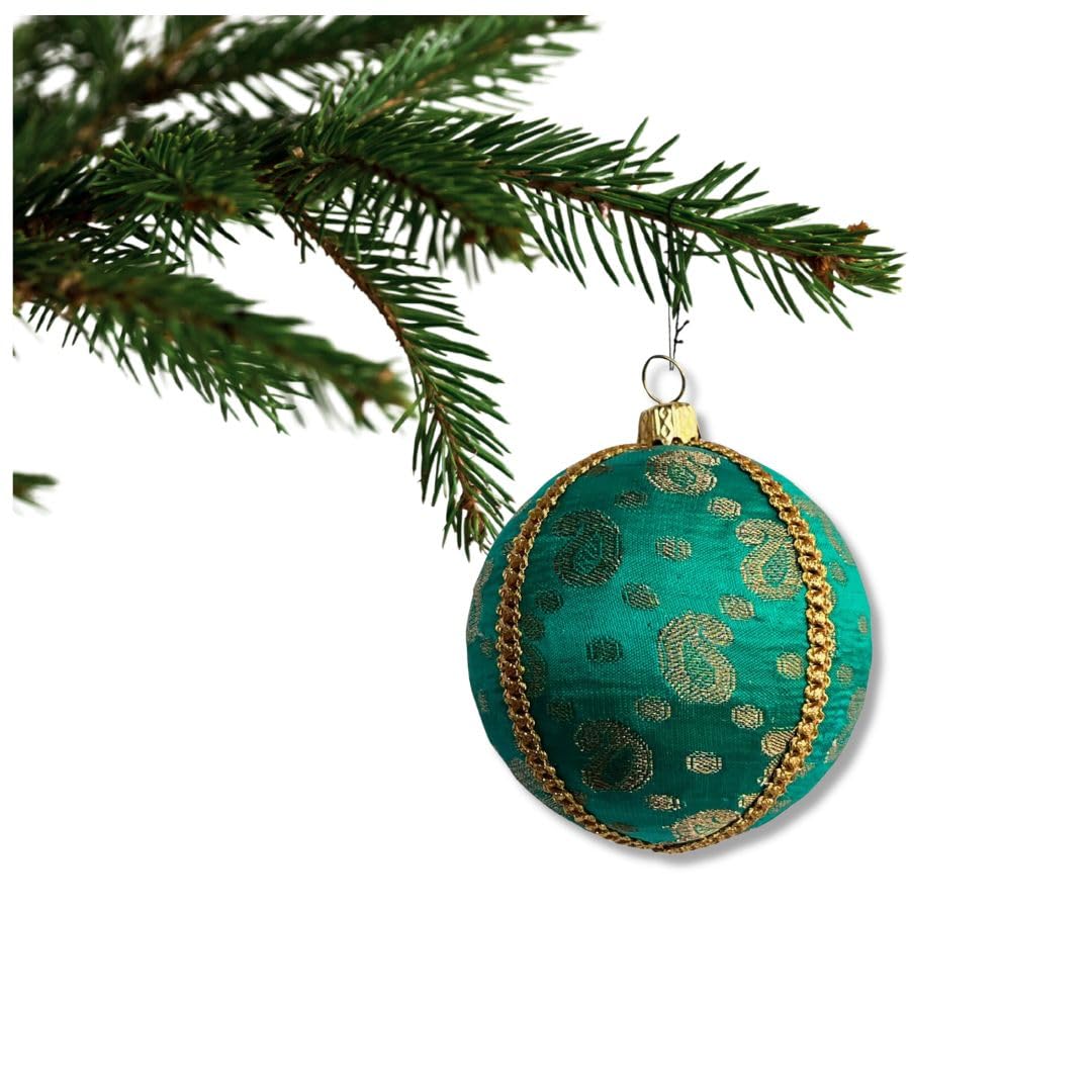 Marisha Mistry Rich Teal Fabric With Gold Paisley Pattern And Metallic Gold Trim Tarla Bauble – Teal With Gold Paisley Pattern | 8 Cm | Luxury Handmade Fabric Ornament | Sustainable Home Décor | Elegant Gifting & Event Styling | Uk Artisan Made