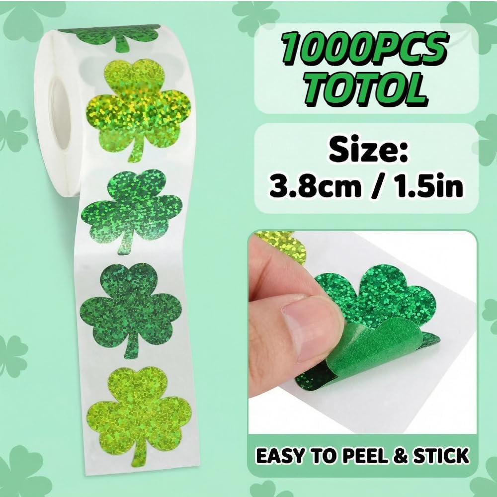 St. Patrick's Day Stickers, 1000Pcs Holographic Shamrock Stickers Roll, Sparkly Green Lucky Clover Adhesive Seals for Irish Holiday Party Decorations, Cards, Envelopes, Gift Bags, Crafts