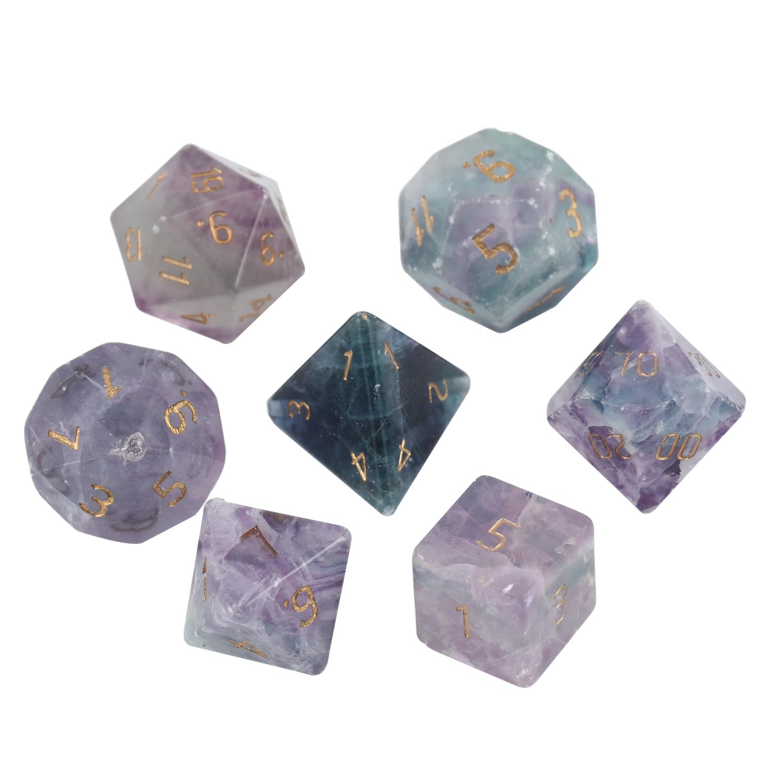 Set di 7 dadi per DND con pietre preziose naturali, in cristallo di fluorite, per giochi di ruolo, D&D, set di dadi in fluorite DND, set di dadi poliedrici per giochi di ruolo da tavolo, viola B